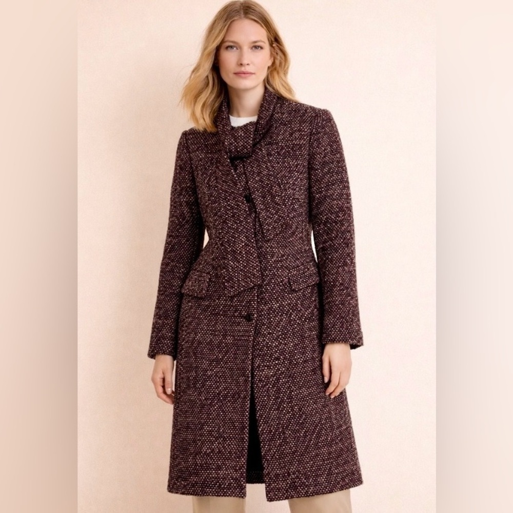Vintage Wool-Blend Textured Longline Coat Built-in Scarf | Bouclé Sz 6 - Picture 1 of 13